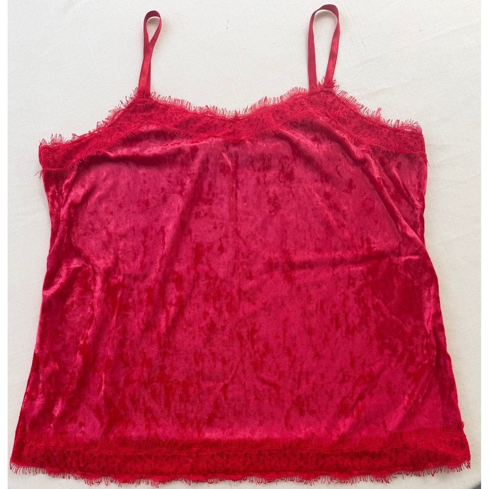 Red Crushed Velvet Lace Trim Cami Top Adjustable Straps Sleeveless‎ Camisole